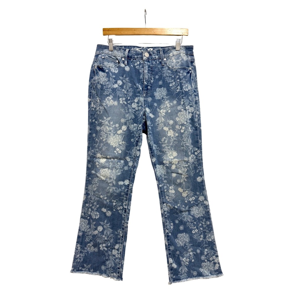 Seven7 Women Pathway Floral Kick Flare Jeans Blue White Raw Hem Size 8 Boho